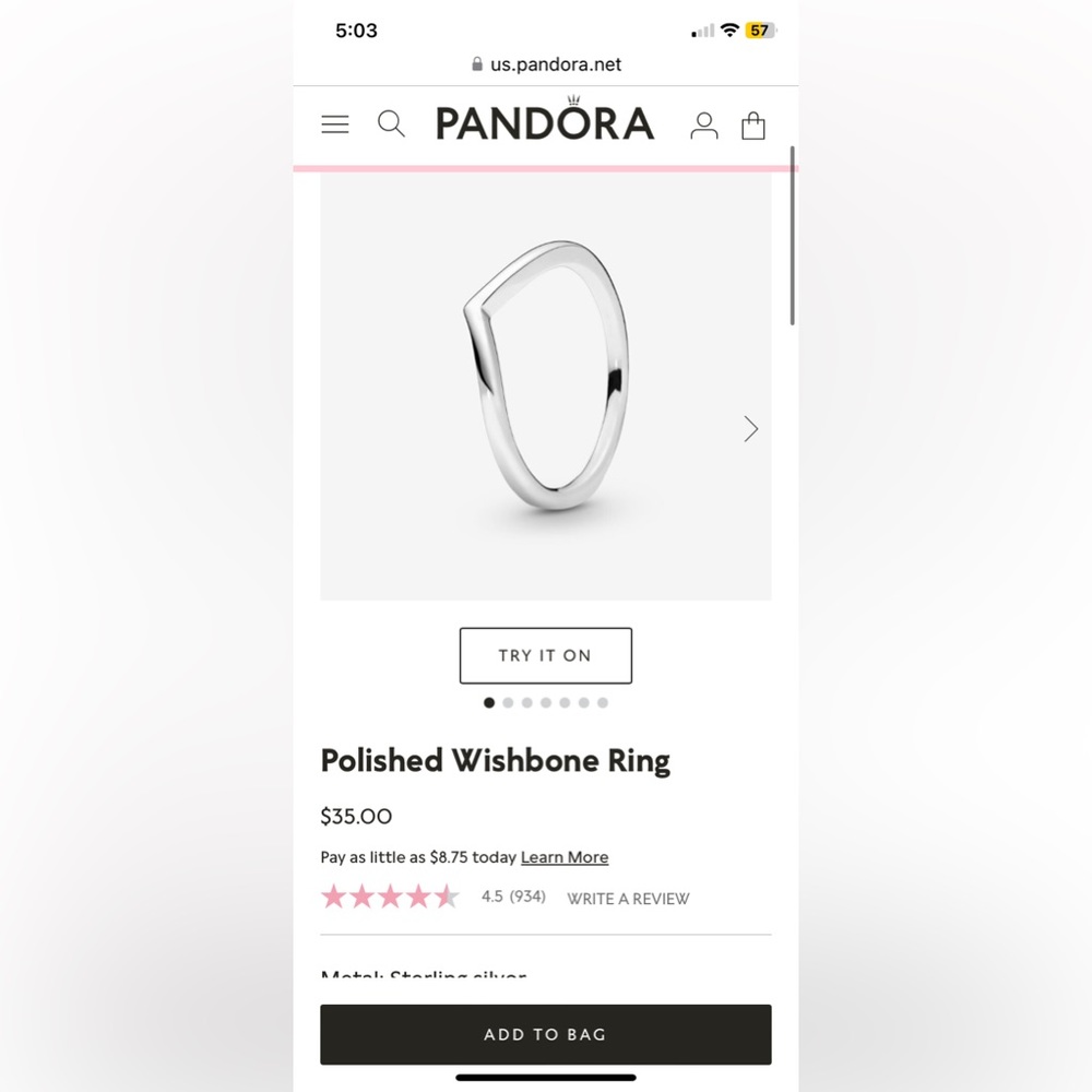 PANDORA - polished wishbone ring - size 10